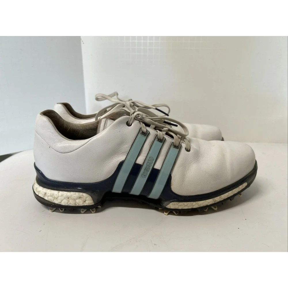 Adidas Tour360 Boost Golf Shoes Mens 9.5 White Blue Spiked Leather